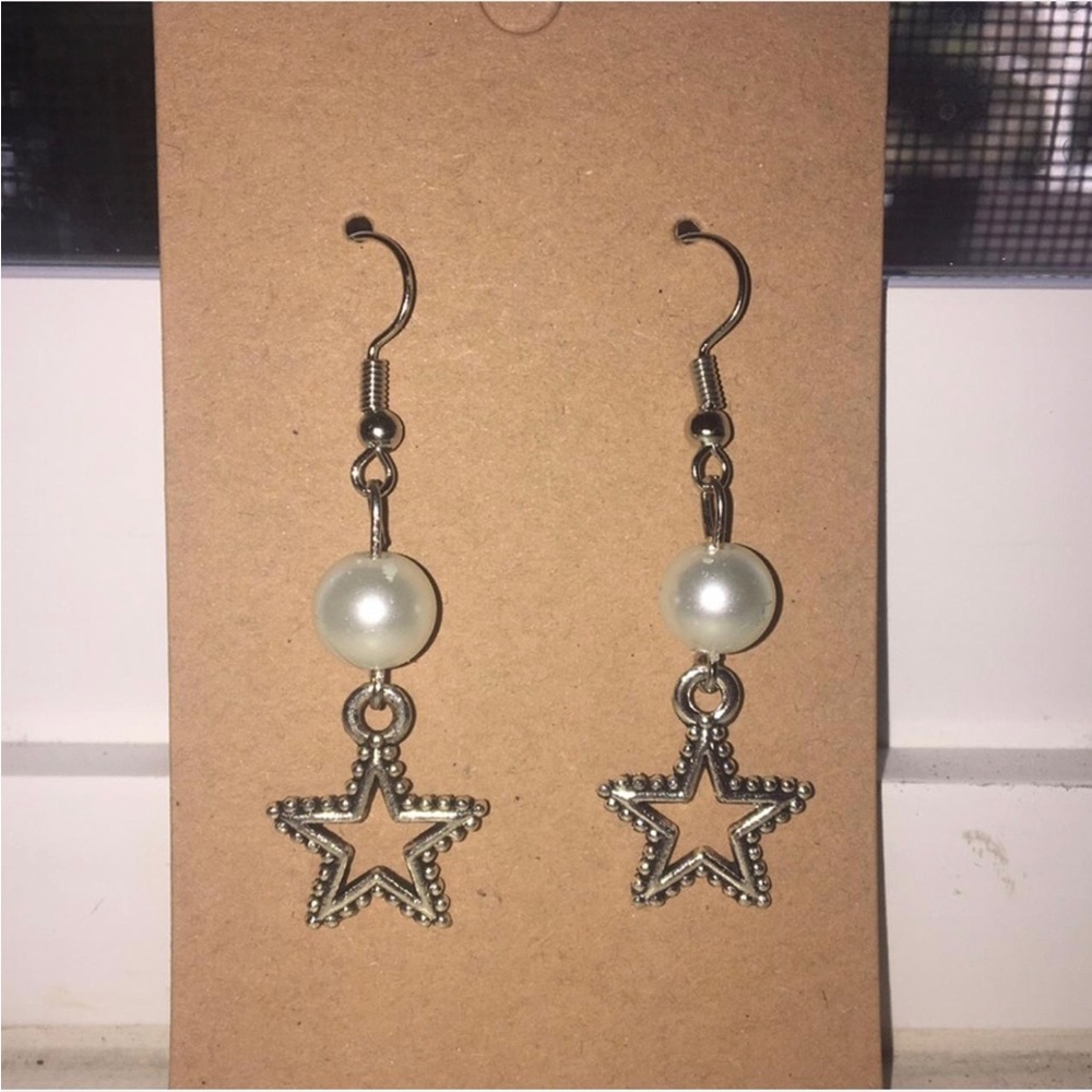 Silver Star Drop Earrings with White Pearls